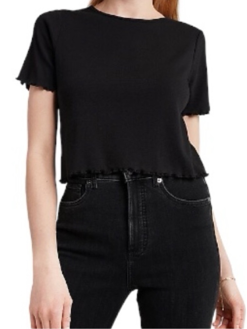 NEW Express Black Cropped Ruffle Trim Open Back Short Sleeve T-Shirt Size Small